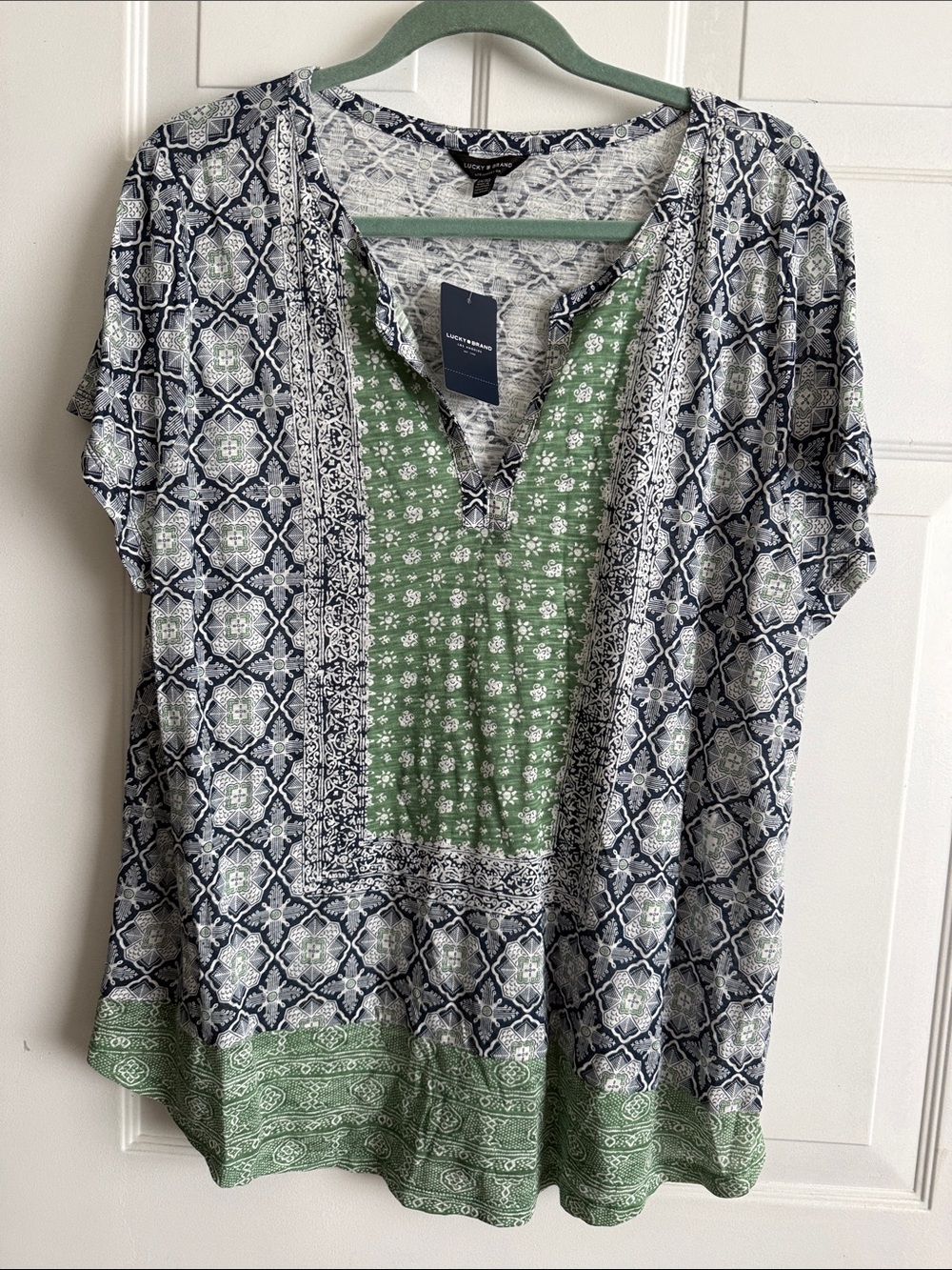 Lucky Brand Green and Navy Printed Short Sleeve Tee